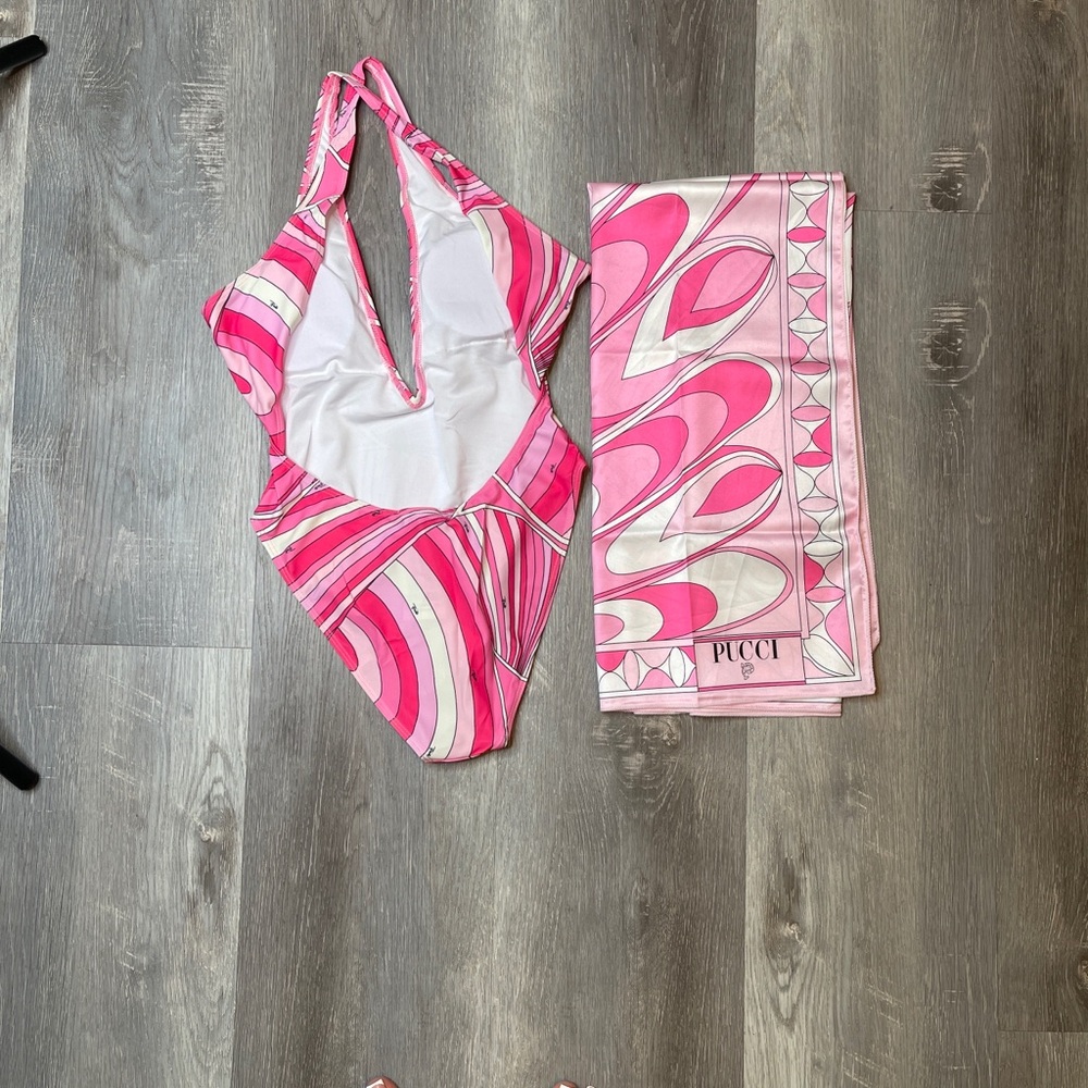 Emilio Pucci Pink Swirl One-Piece Swimsuit with Matching Scarf - Picture 2 of 2